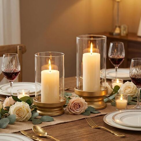 Gold Hurricane Candle Holders Set of 2 with Glass - Modern Pillar Candle Stands for Fireplace Mantel, Dining Table Centerpiece & Home Decor, 7.1" & 9" High in Saudi Arabia