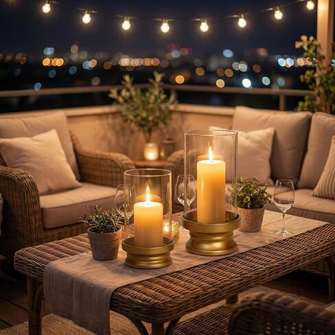 Gold Hurricane Candle Holders Set of 2 with Glass - Modern Pillar Candle Stands for Fireplace Mantel, Dining Table Centerpiece & Home Decor, 7.1" & 9" High in Saudi Arabia