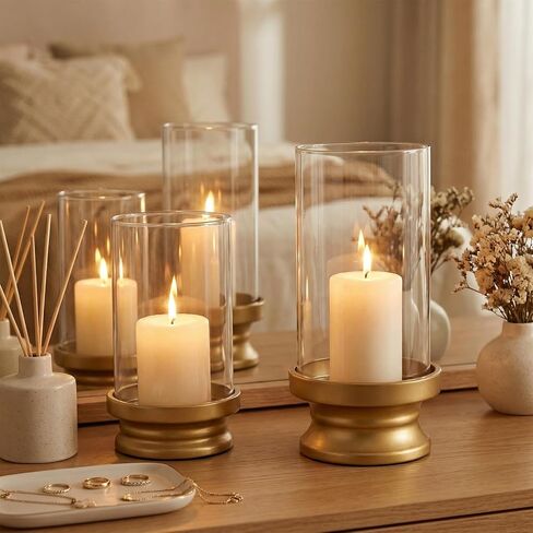 Gold Hurricane Candle Holders Set of 2 with Glass - Modern Pillar Candle Stands for Fireplace Mantel, Dining Table Centerpiece & Home Decor, 7.1" & 9" High in Saudi Arabia