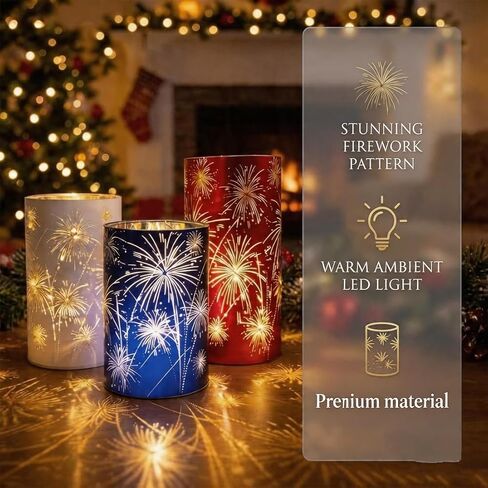 Set of 3 LED Hurricane Candle Holders with Warm White Twinkling Lights, Etched Firework Starburst Glass Pedestal Centerpiece for Mantel, Dining Table, Wedding and Holiday Decor in Kuwait