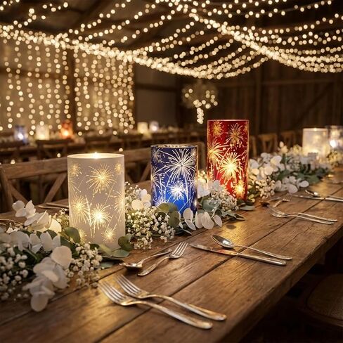 Set of 3 LED Hurricane Candle Holders with Warm White Twinkling Lights, Etched Firework Starburst Glass Pedestal Centerpiece for Mantel, Dining Table, Wedding and Holiday Decor in Kuwait
