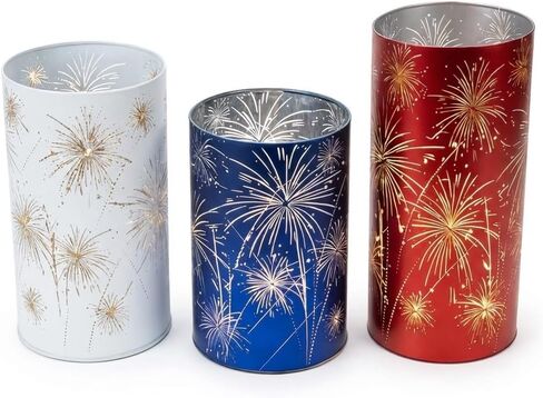 Set of 3 LED Hurricane Candle Holders with Warm White Twinkling Lights, Etched Firework Starburst Glass Pedestal Centerpiece for Mantel, Dining Table, Wedding and Holiday Decor in Kuwait