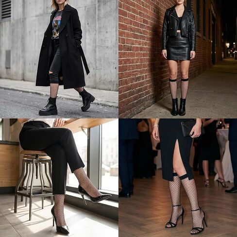 زوجان من جوارب شبكة صيد السمك للنساء من Styquenzer، جوارب عالية للركبة بشبكة صيد السمك للنساء، جوارب شبكية سوداء مجوفة مع جورب شبكي مطاطي in Kuwait