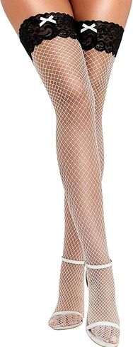 RSLOVE Women's Fishnet Thigh High Stockings - Contrast Lace Top Stay Up Hosiery with Bow Anti-Slip Silicone in Kuwait