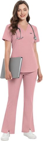 VIAOLI Women's Medical Scrub Set - V-Neck Top with Pocket & Elastic Waist Flared Split Pants, Nursing Uniforms for Women in Saudi Arabia
