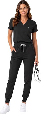 Scrubs for Women Set 4-Way Stretch V Neck Scrub Tops Women and Yoga Jogger Scrub Pants with 9 Pockets in Saudi Arabia