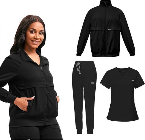 Scrub Suit 3-Piece Set: V-Neck Top & Jogger Pants & Scrub Jacket,Reinforced Stitching and Stretch Fabric in Saudi Arabia