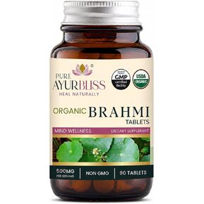 100% Organic Brahmi Tablets with Bacopa monnieri Extract, Ayurvedic Cognitive Support for Memory, Focus, and Mental Clarity, Herbal Brain Health Formula - 90 Count in Kuwait