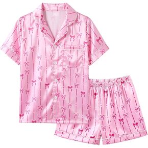 FIOBEE Girls Satin Pajamas Set Short Sleeve Button Down Sleepwear Silky Soft Two Piece Pjs Clothing for Kids Teens 8-14 Years in Kuwait