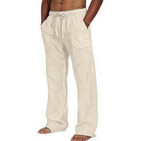 Men's Cotton Linen Casual Pants Elastic Waist Drawstring Loose Straight Leg Lightweight Summer Beach Yoga Lounge Trousers in Saudi Arabia