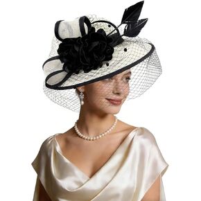 Kgromfy Women Fascinator Hat Large Tea Party Hat Wide Brim Church Hat with Veil Luxury Fancy Hat for Derby Wedding in Saudi Arabia