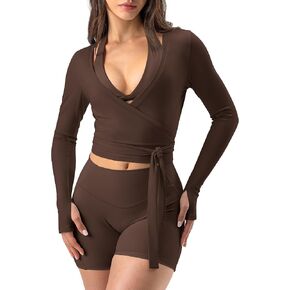 AVGO Women Pilates Wrap Top Tie Dance Shirt Ballet Yoga Tee Long Sleeve V Neck Cropped Tops Active Blouses with Thumb Holes in Saudi Arabia