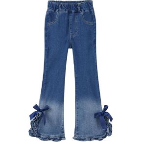Girls Flare Jeans Elastic Waist Bowknot Denim Pants Fashion Bell Bottom Trousers Split Hem Long Jeans 5-13 Years in Saudi Arabia