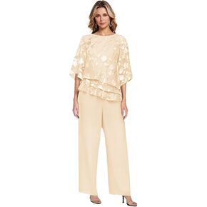 2 Piece Floral Chiffon Mother of The Bride Pant Suits Half Sleeves Wedding Guest Pantsuits for Women HX027 in Saudi Arabia