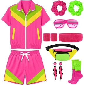 WILDPARTY 80s الزي للنساء ريترو تجريب زي نيون اللون كتلة بذلة رياضية مجموعة تي شيرتات قصيرة للأطفال مع اكسسوارات للحزب موضوع in Kuwait