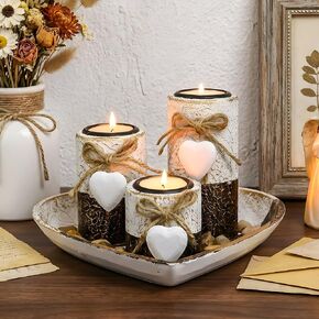 Farmhouse Candle Holders 3 Pack Rustic Wooden Pillar Candle Holder with Heart Tray and Stones Tealight Candles Holders Farmhouse Centerpiece for Coffee Table Mothers Day Valentines Home Decor in Saudi Arabia