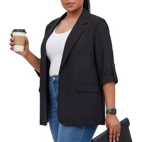 Plus Size Lightweight Blazer for Women – Relaxed Fit Business Casual Jacket with Ruched 3/4 Sleeves in Kuwait