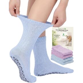Diabetic Socks with Grippers for Women - 4 Pairs Soft Viscose Blend Hospital Grip Socks, Non-Slip Crew Socks with Non-Binding Loose Fit for Neuropathy Edema Elderly 10-14 in Saudi Arabia