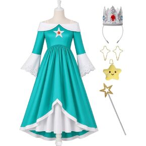 Girls Galaxy Princess Costume Set with Crown Wand Earrings, Teal Maxi Dress with Bell Sleeves for Dress Up Party in Saudi Arabia