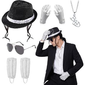 Pop Star Costume 5 Pcs Pop Rockstar Singer Dancer Costume Set for Adult, 70s 80s Pop Stage Sequins Wig Hat Glasses Gloves Leg Sleeves Necklace Costume Accessories for 80s 90s Pop Star Cosplay Party in Kuwait