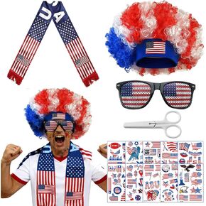 2026 World Cup USA Soccer Fan Scarf Set for Game Day Cheering, 4th of July & America's 250th Anniversary Costume Accessories Includes American Flag Scarf, Afro Wig, Glasses and Temporary Tattoos in Saudi Arabia