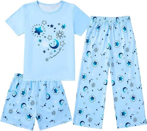 Mikrdoo Girls Pajamas Short Sleeve Long Pants and Shorts 3Piece PJs with Pockets for Kdis Sleepwear 6-16 Years in Kuwait