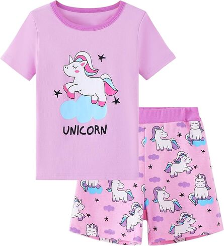 Mikrdoo Girls Pajamas 2-Piece Summer Soft Cotton Short Sleeve Toddler Sleepwear Snug Fit PJs for Kids Size 2-14 Years in Kuwait