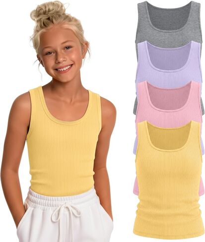 Oakgarden 4 Pack Girls Ribbed Tank Tops 5-14y U Neck Sleeveless Shirts Kids Elastic Slim Summer Camisole Athletic Basic Tees in Kuwait