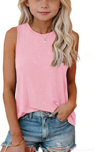 Girls Tank Tops Kids Summer Flowy Loose Fit Casual Cute Sleeveless Crewneck Tunic Tops T Shirt 7-14 Years in Kuwait