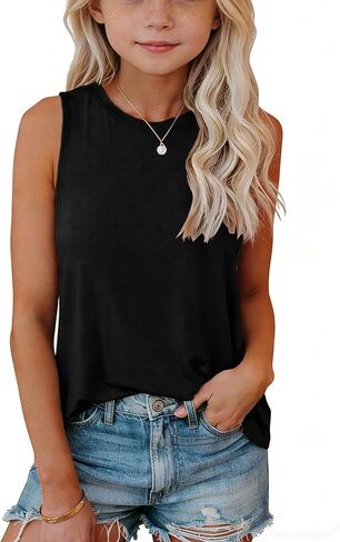 Girls Tank Tops Kids Summer Flowy Loose Fit Casual Cute Sleeveless Crewneck Tunic Tops T Shirt 7-14 Years in Kuwait