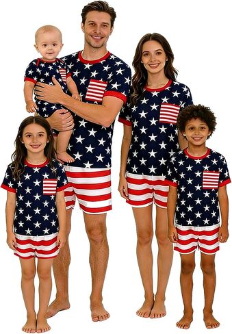 Family Matching 4th of July Pajamas Set - American Flag Stars Stripes Short Sleeve Summer Sleepwear Loungewear in Saudi Arabia
