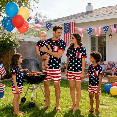 Family Matching 4th of July Pajamas Set - American Flag Stars Stripes Short Sleeve Summer Sleepwear Loungewear in Saudi Arabia