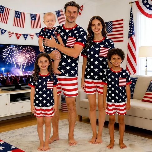 Family Matching 4th of July Pajamas Set - American Flag Stars Stripes Short Sleeve Summer Sleepwear Loungewear in Saudi Arabia