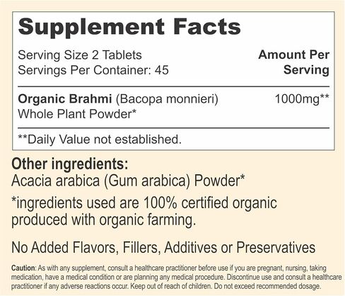 100% Organic Brahmi Tablets with Bacopa monnieri Extract, Ayurvedic Cognitive Support for Memory, Focus, and Mental Clarity, Herbal Brain Health Formula - 90 Count in Saudi Arabia