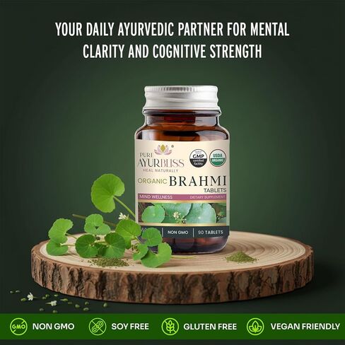 100% Organic Brahmi Tablets with Bacopa monnieri Extract, Ayurvedic Cognitive Support for Memory, Focus, and Mental Clarity, Herbal Brain Health Formula - 90 Count in Saudi Arabia