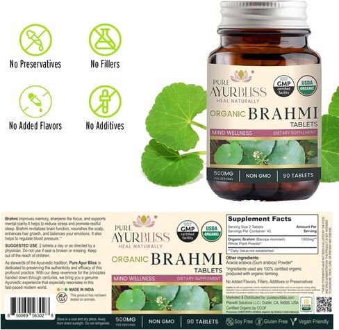 100% Organic Brahmi Tablets with Bacopa monnieri Extract, Ayurvedic Cognitive Support for Memory, Focus, and Mental Clarity, Herbal Brain Health Formula - 90 Count in Saudi Arabia
