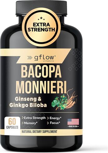 gflow vitamins Bacopa Monnieri Supplement with Ginseng and Ginkgo Biloba | Made in the USA | 60 Capsules, 30 Servings in Kuwait