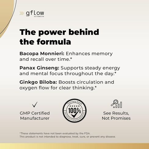 gflow vitamins Bacopa Monnieri Supplement with Ginseng and Ginkgo Biloba | Made in the USA | 60 Capsules, 30 Servings in Kuwait