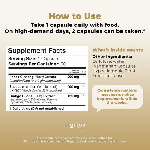 gflow vitamins Bacopa Monnieri Supplement with Ginseng and Ginkgo Biloba | Made in the USA | 60 Capsules, 30 Servings in Kuwait
