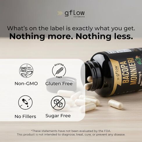 gflow vitamins Bacopa Monnieri Supplement with Ginseng and Ginkgo Biloba | Made in the USA | 60 Capsules, 30 Servings in Kuwait