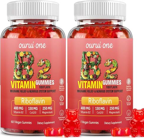 Vitamin B2 Gummies 400mg | Riboflavin 400mg with CoQ10 150mg, Magnesium 200mg | B2 Vitamin 400mg for Kids & Adults, Nervous System & Skin Health | 60 Vegan Chewables（Pack 2 in Saudi Arabia