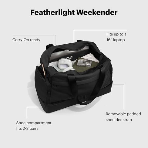 Away Featherlight Weekender Bag, 44L Carry On Travel Duffel with Laptop Sleeve and Shoe Compartment, Jet Black in Kuwait