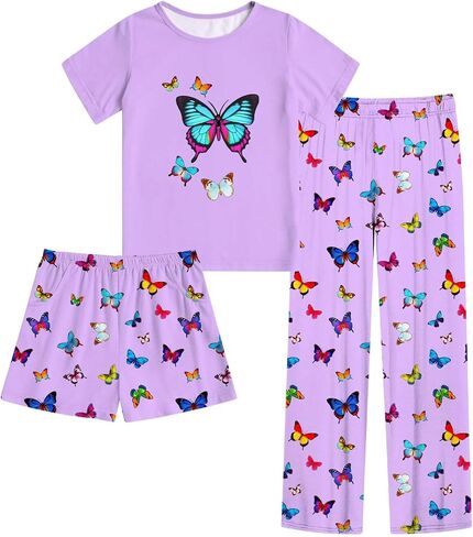 Funnycokid Girls Pajamas Kids 3 Piece Pjs Set Summer Short Sleeve Jammies with Pockets 5-14 Years in Kuwait