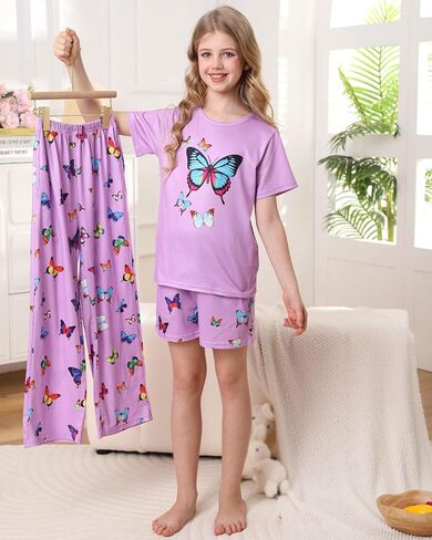 Funnycokid Girls Pajamas Kids 3 Piece Pjs Set Summer Short Sleeve Jammies with Pockets 5-14 Years in Kuwait