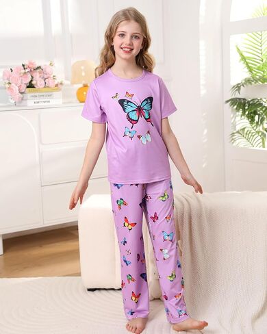 Funnycokid Girls Pajamas Kids 3 Piece Pjs Set Summer Short Sleeve Jammies with Pockets 5-14 Years in Kuwait