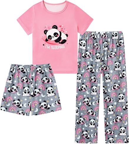 Funnycokid Girls Pajamas Kids 3 Piece Pjs Set Summer Short Sleeve Jammies with Pockets 5-14 Years in Kuwait