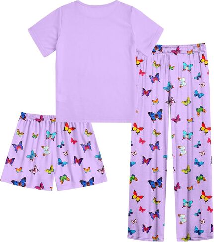 Funnycokid Girls Pajamas Kids 3 Piece Pjs Set Summer Short Sleeve Jammies with Pockets 5-14 Years in Kuwait