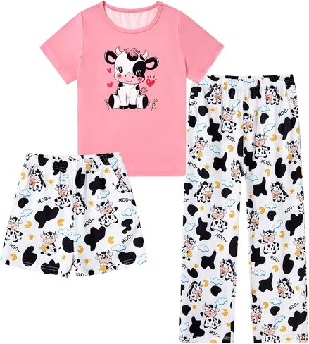 Funnycokid Girls Pajamas Kids 3 Piece Pjs Set Summer Short Sleeve Jammies with Pockets 5-14 Years in Kuwait