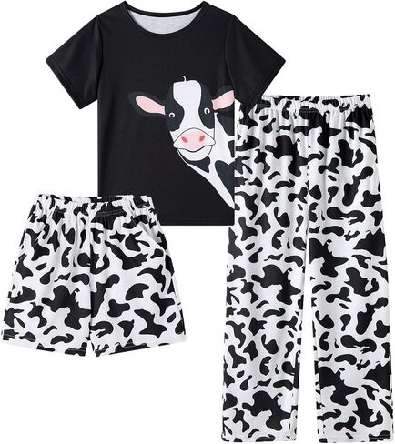 Funnycokid Girls Pajamas Kids 3 Piece Pjs Set Summer Short Sleeve Jammies with Pockets 5-14 Years in Kuwait