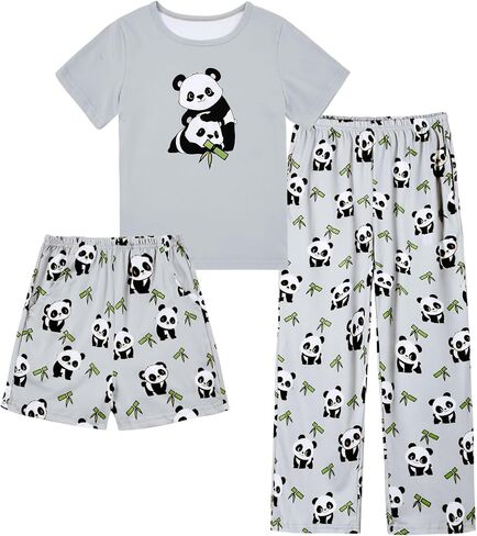 Funnycokid Girls Pajamas Kids 3 Piece Pjs Set Summer Short Sleeve Jammies with Pockets 5-14 Years in Kuwait